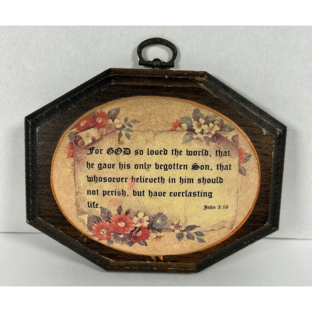 VTG Christian Religious Hanging Wood Wall Plaque John 3:16 Flowers 6.5